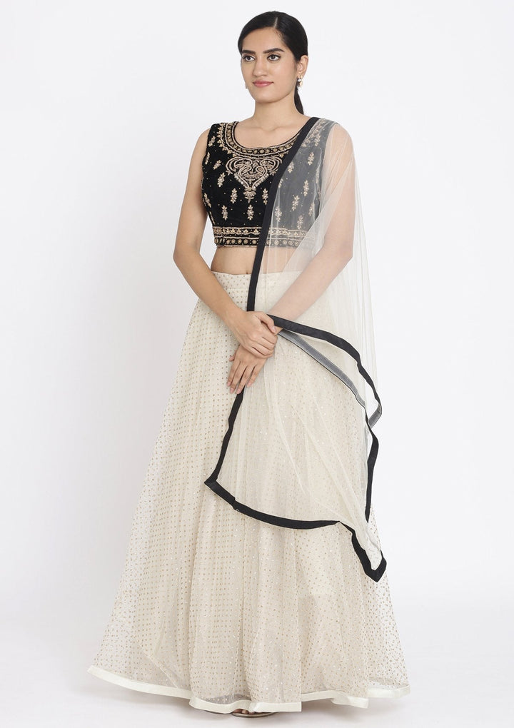 Cream And Black Stonework Net Designer Lehenga - koskii