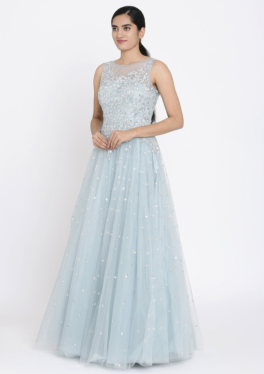 Light Grey Sequins Net Designer Gown - koskii