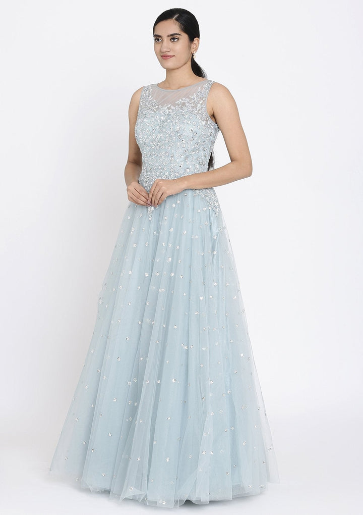 Light Grey Sequins Net Designer Gown - koskii