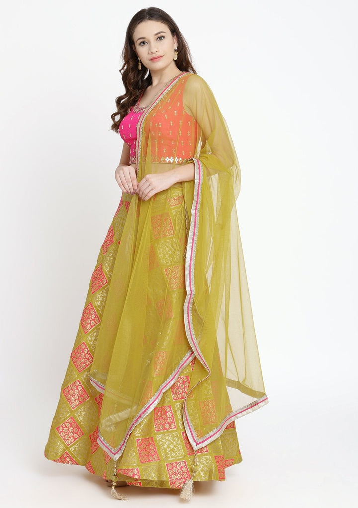 Yellow and Fuschia Mirrorwork Brocade Designer Lehenga-Koskii