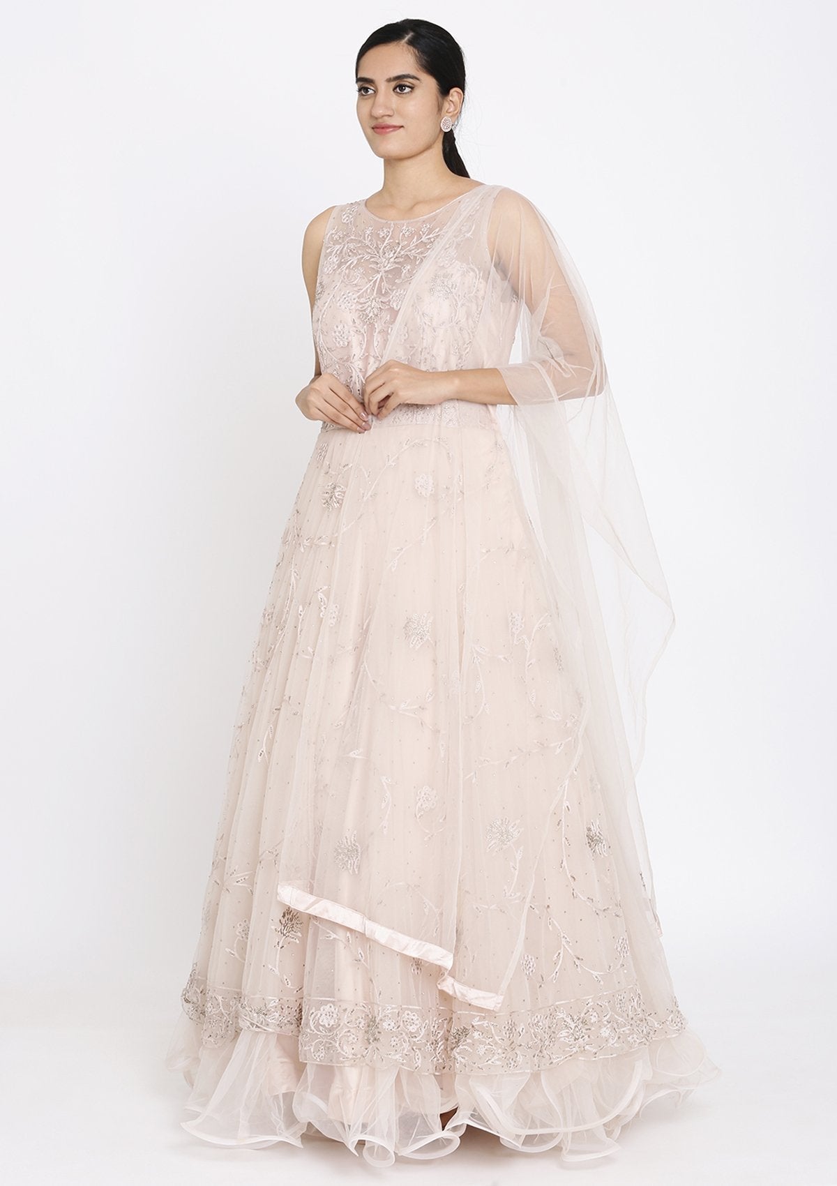 Beige Stonework Net Designer Gown - koskii