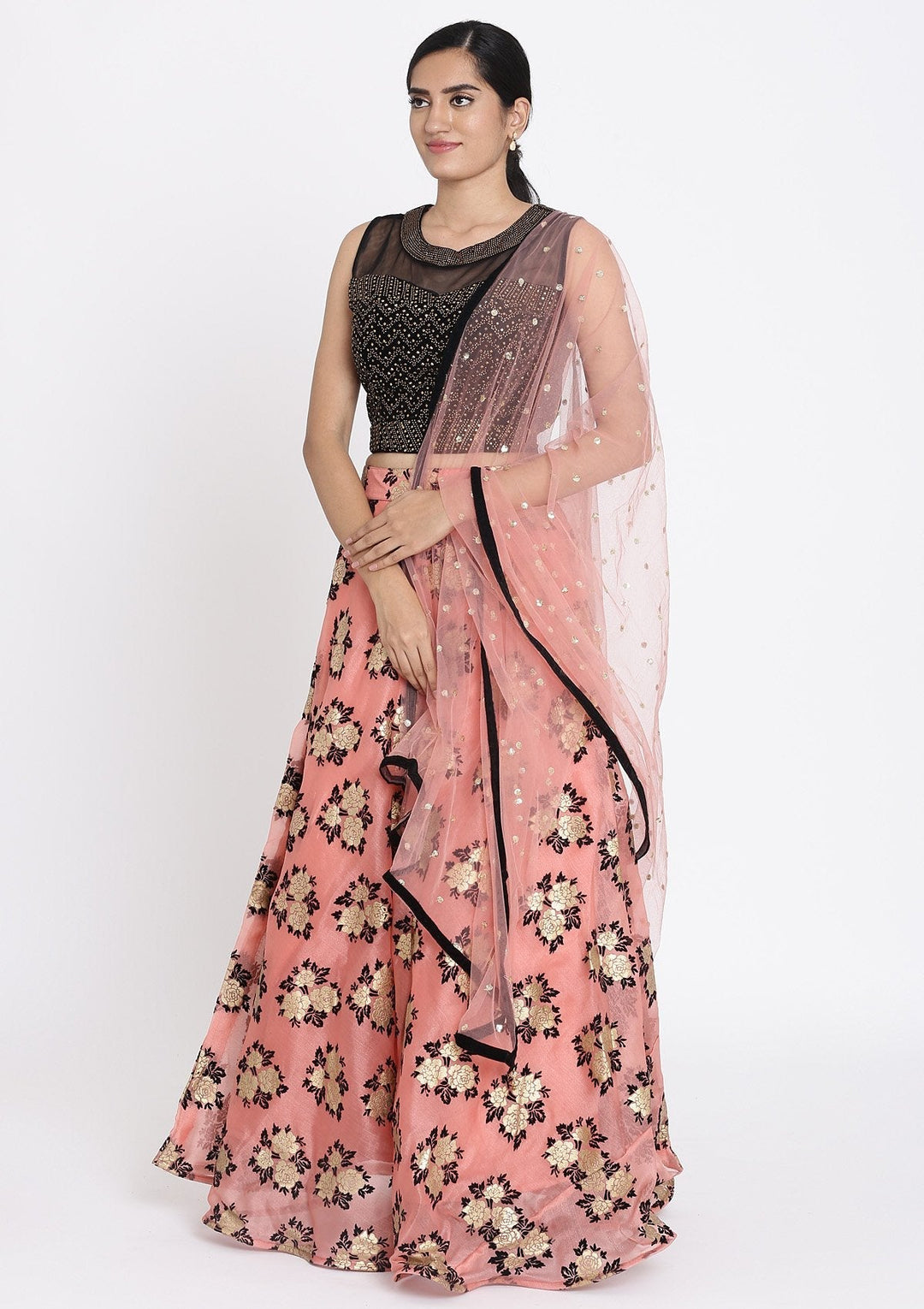Pink And Black Swarovski Tissue Designer Lehenga - koskii