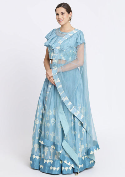 Baby Blue Print Satin Designer Lehenga-Koskii