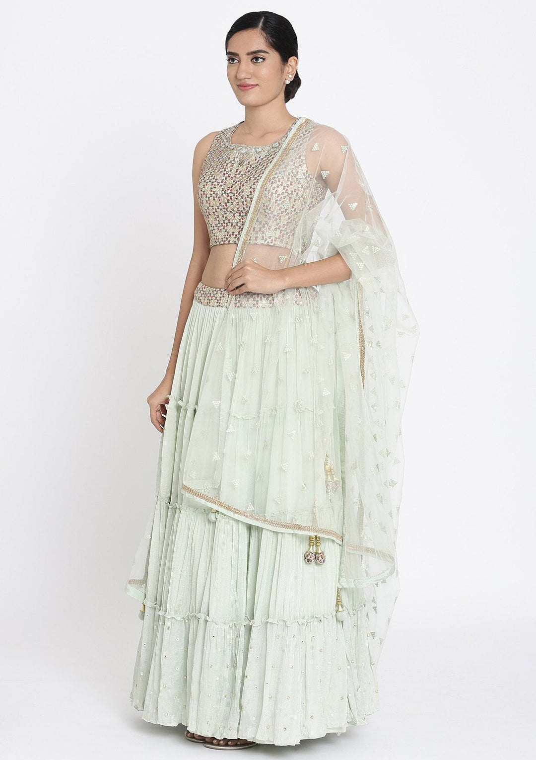 Pista Green Zariwork Art Silk Designer Lehenga - koskii
