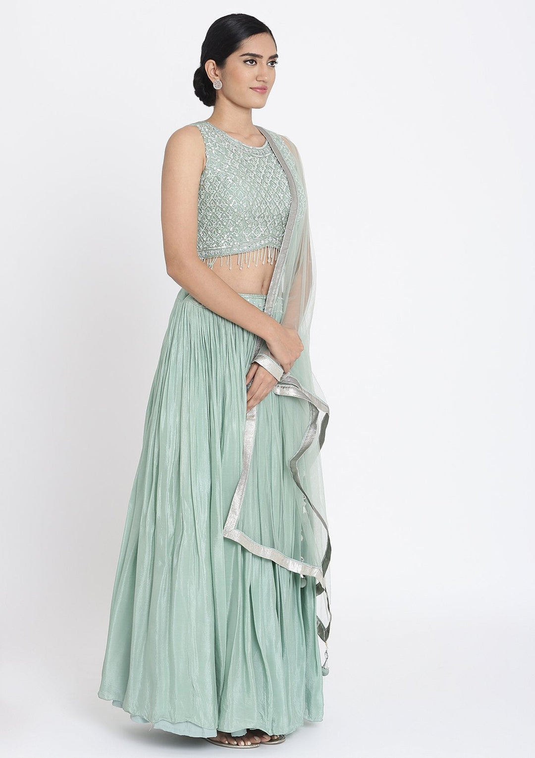 Pista Green Sequins Satin Designer Lehenga - koskii