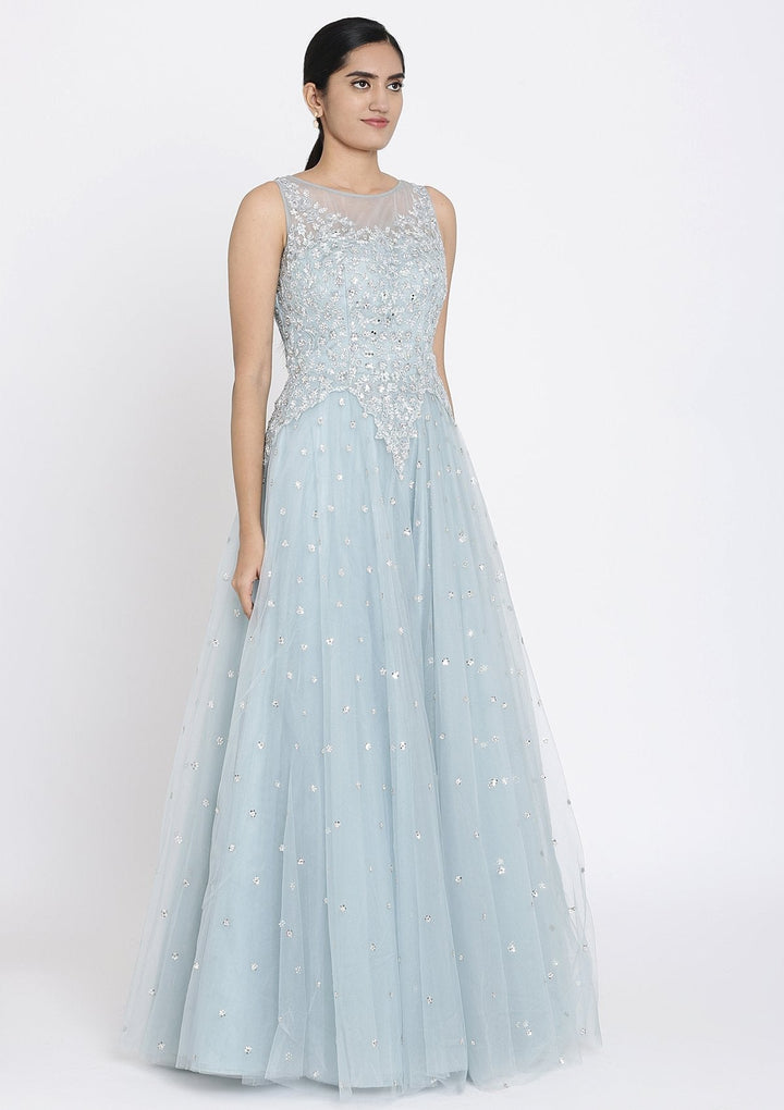 Light Grey Sequins Net Designer Gown - koskii