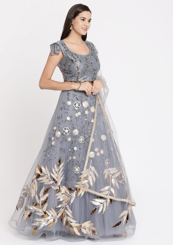 Dark Grey Cutdana Net Designer Lehenga-Koskii