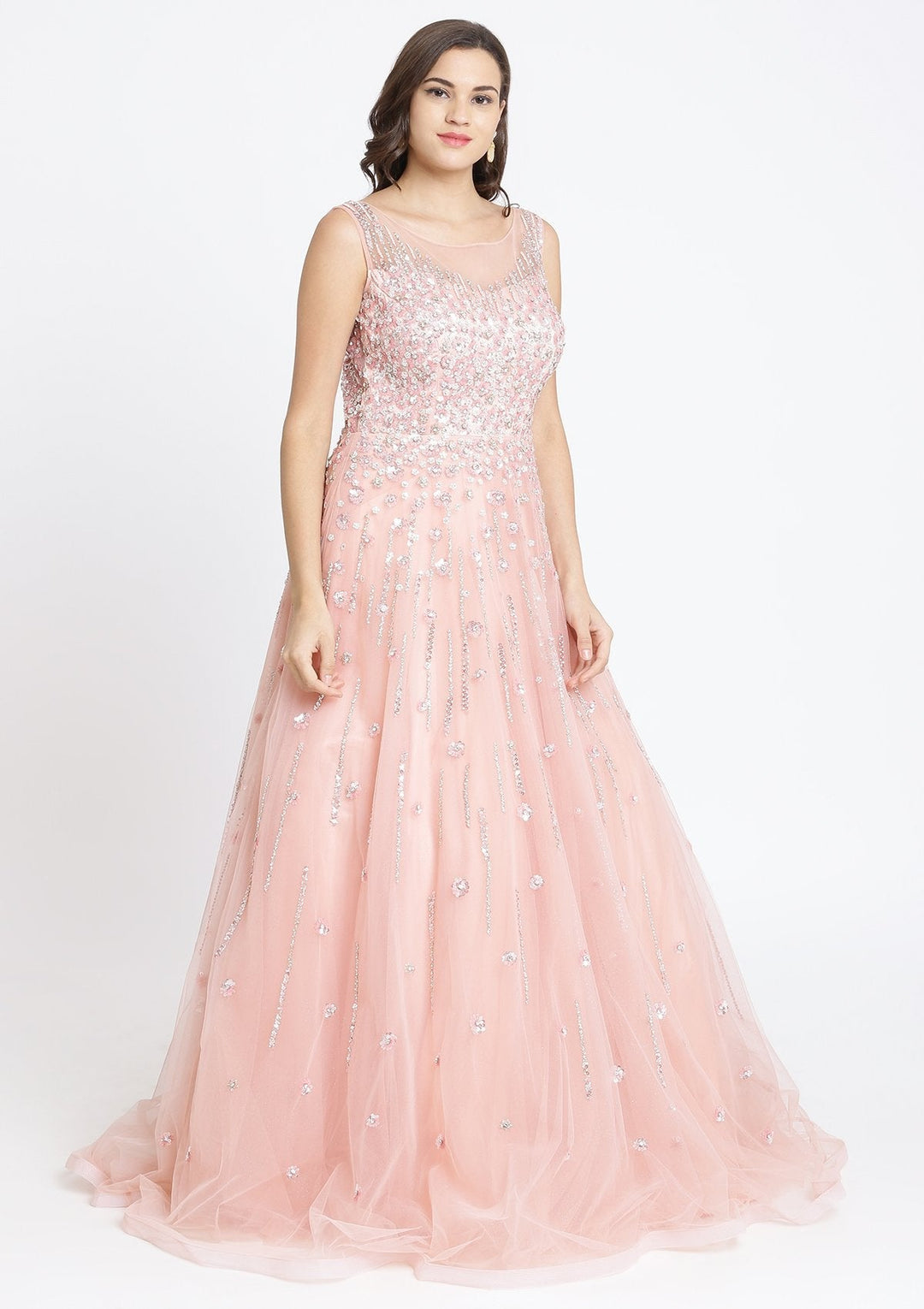 Peach Sequinned Net Designer Gown-Koskii