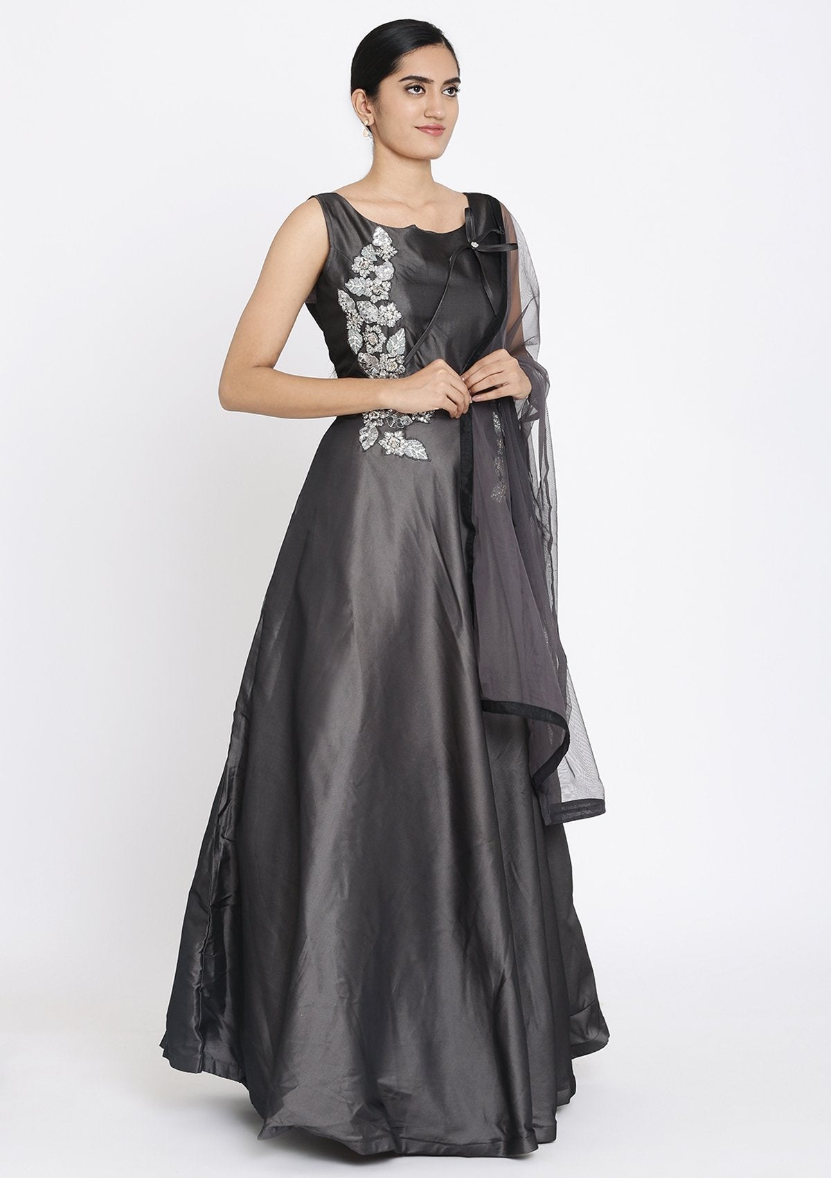 Dark Grey Sequins Taffeta Silk Designer Gown - koskii