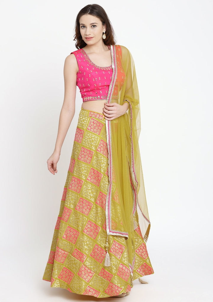 Yellow and Fuschia Mirrorwork Brocade Designer Lehenga-Koskii