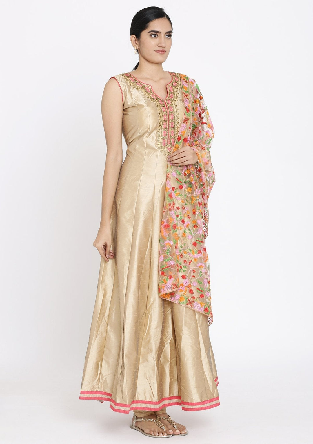 Gold Stonework Raw Silk Designer Gown - koskii