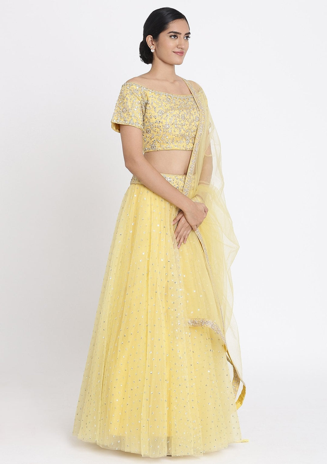 Yellow Zariwork Net Designer Lehenga - koskii