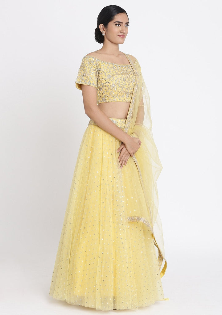 Yellow Zariwork Net Designer Lehenga - koskii