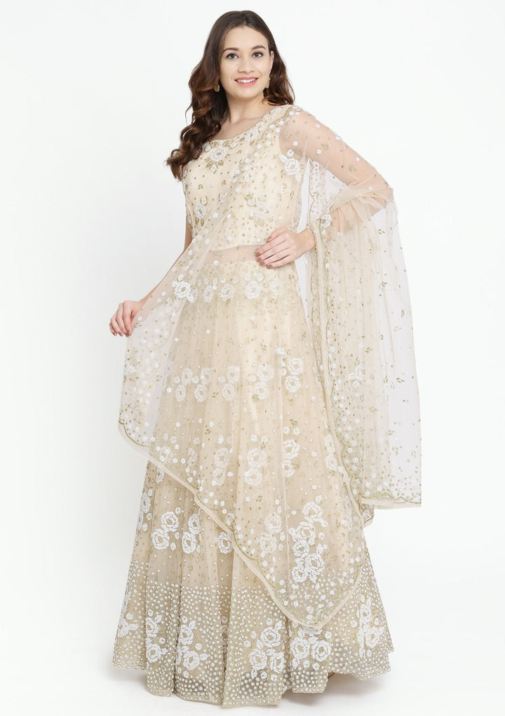 Beige Cutdana Net Designer Gown-Koskii
