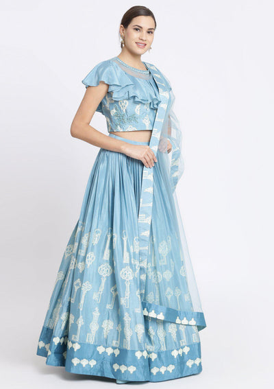 Baby Blue Print Satin Designer Lehenga-Koskii