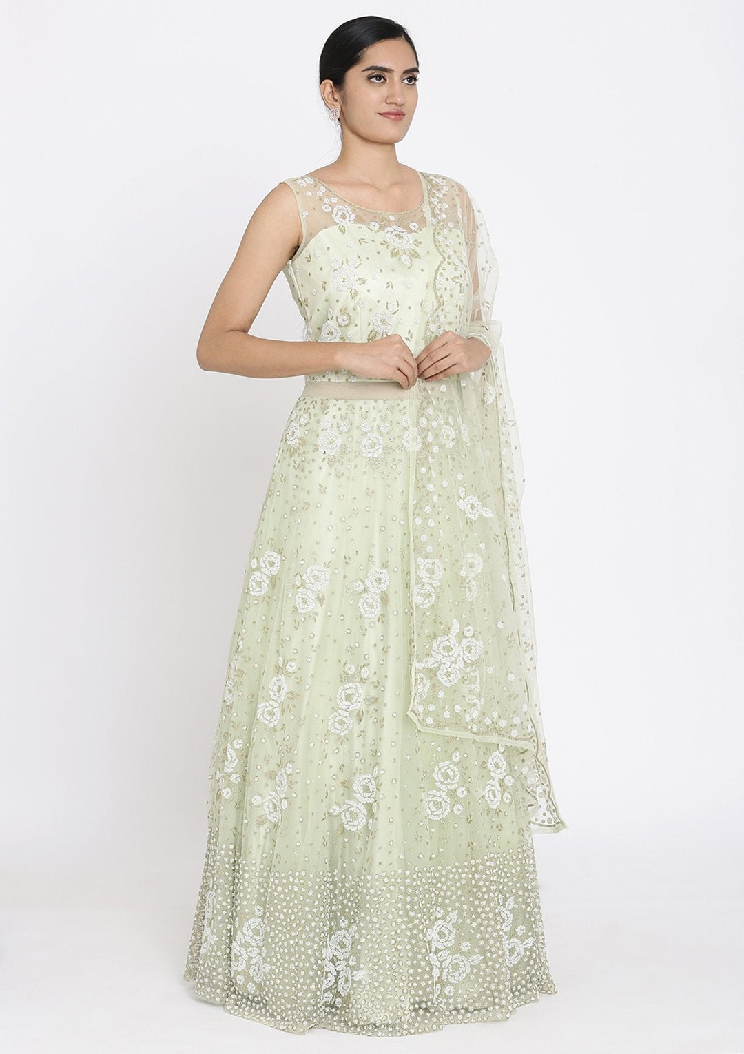 Pista Green Cutdana Net Designer Gown - koskii
