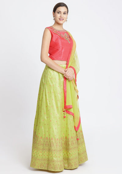 Parrot Green and Candy Pink Stonework Art Silk Designer Lehenga-Koskii