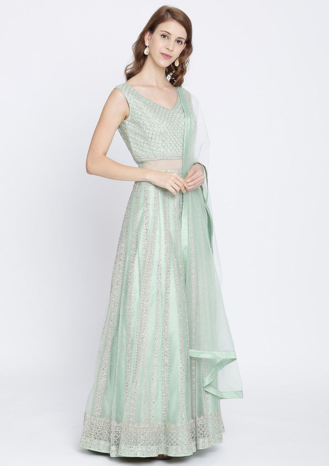 Pista Green Mirrorwork Net Designer Gown-Koskii