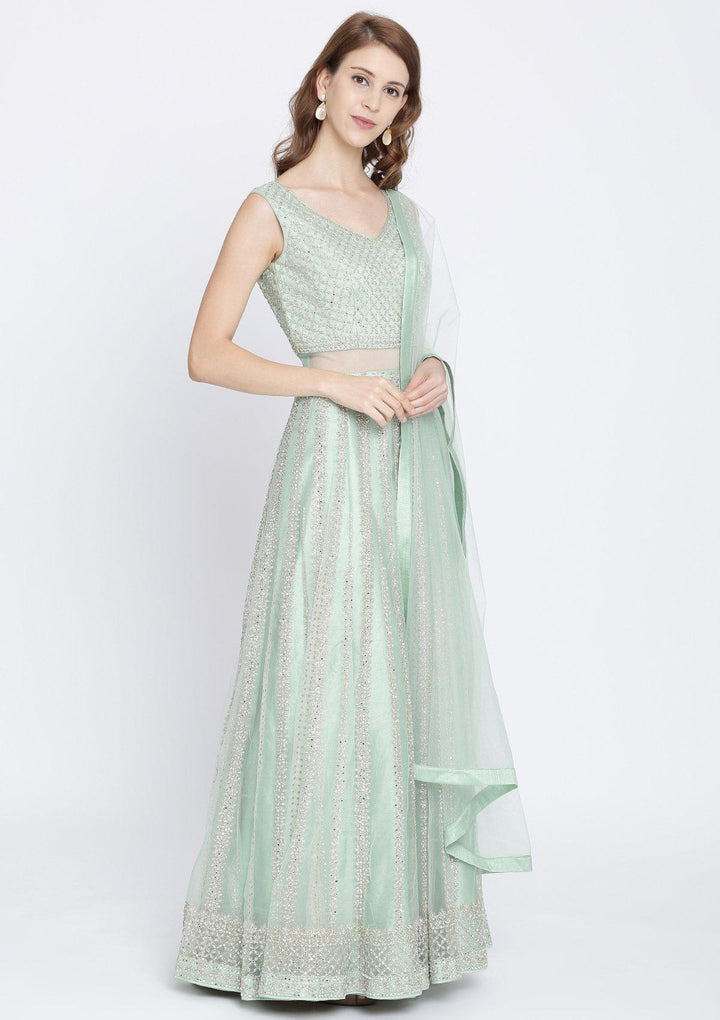 Pista Green Mirrorwork Net Designer Gown-Koskii