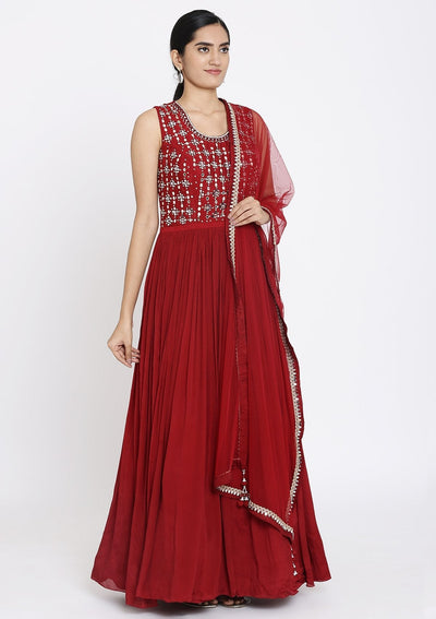 Maroon Mirrorwork Georgette Designer Gown - koskii