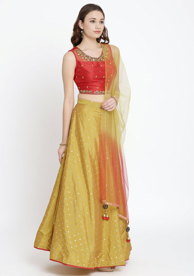 Mustard Mirrorwork Raw Silk Designer Lehenga-Koskii