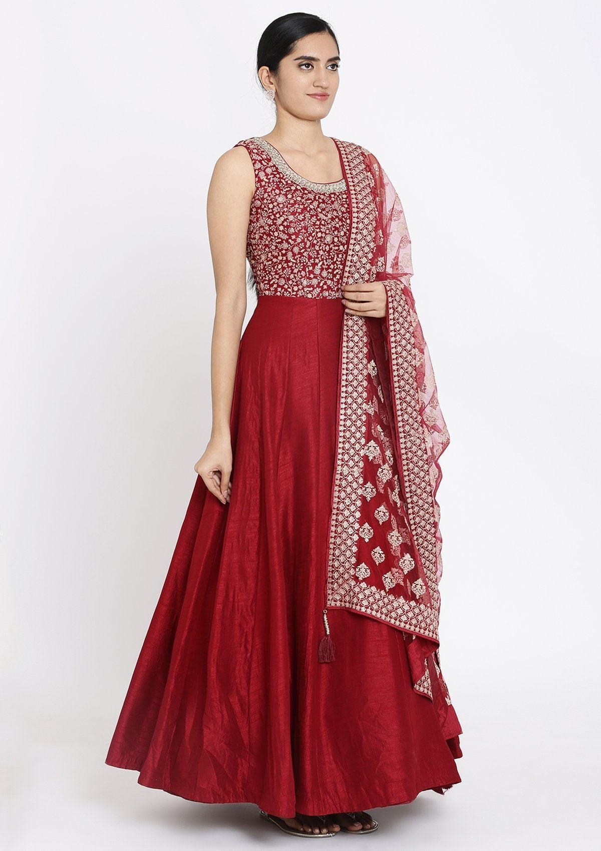 Maroon Zariwork Raw Silk Designer Gown - koskii