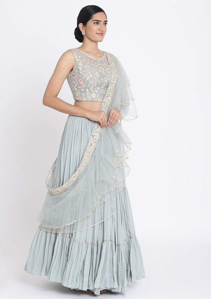 Light Grey Threadwork Georgette Designer Lehenga - koskii