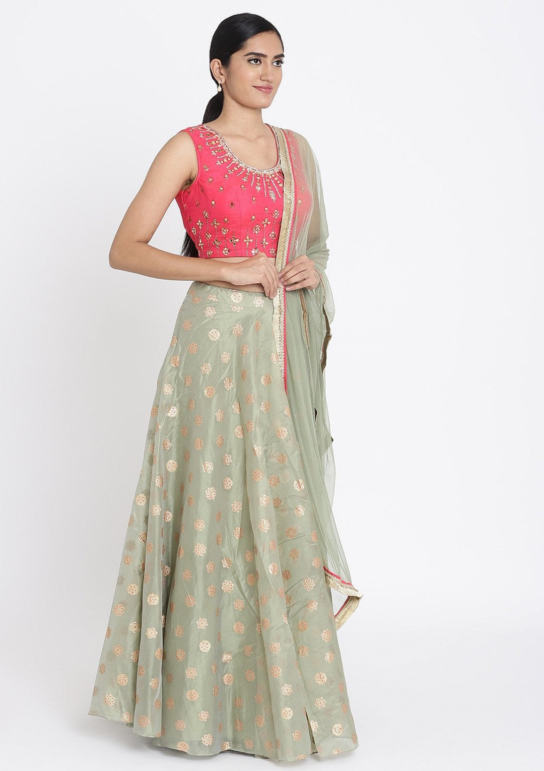 Pista Green And Pink Mirrorwork Tissue Designer Lehenga - koskii