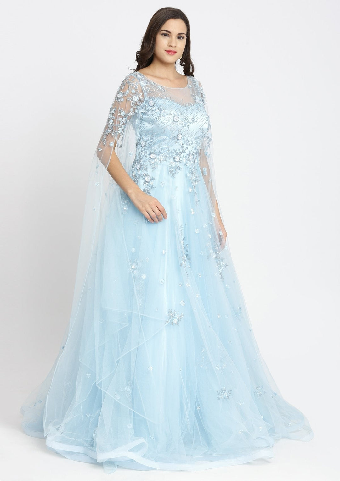 Sky Blue Cutdana Net Designer Gown-Koskii