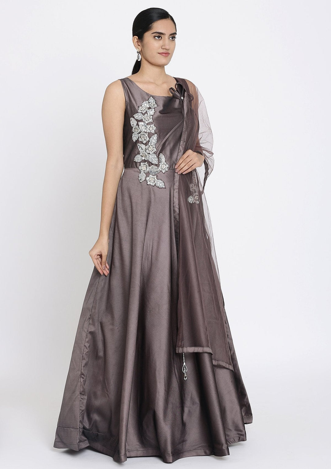 Lavender Sequins Taffeta Silk Designer Gown - koskii