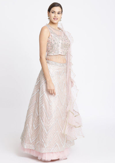 Baby Pink Silver Stonework Net Designer Lehenga-Koskii