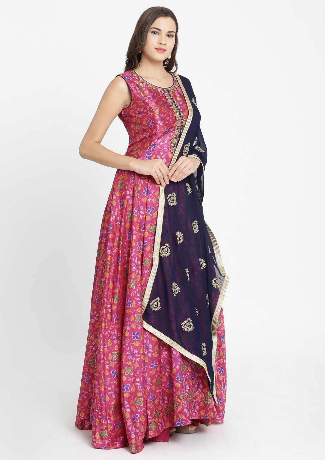Fuschia Stonework Art Silk Designer Gown-Koskii