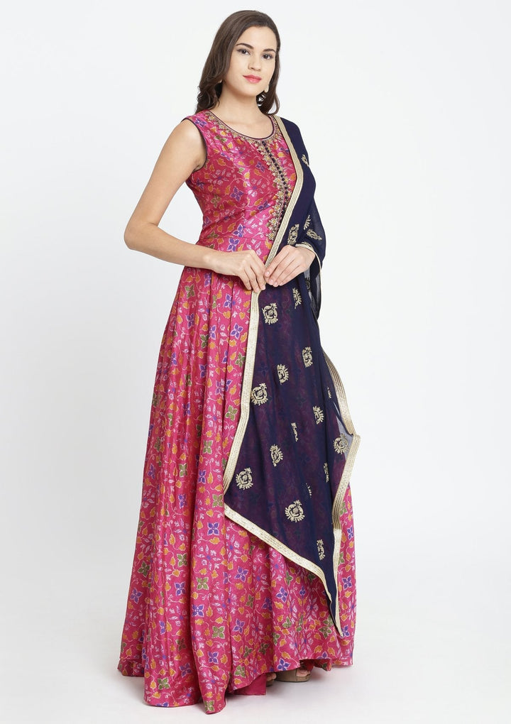 Fuschia Stonework Art Silk Designer Gown-Koskii