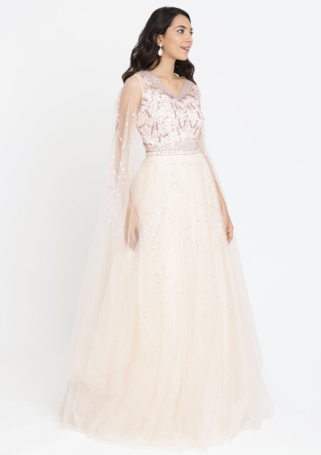 Cream Cutdana Net Designer Gown-Koskii
