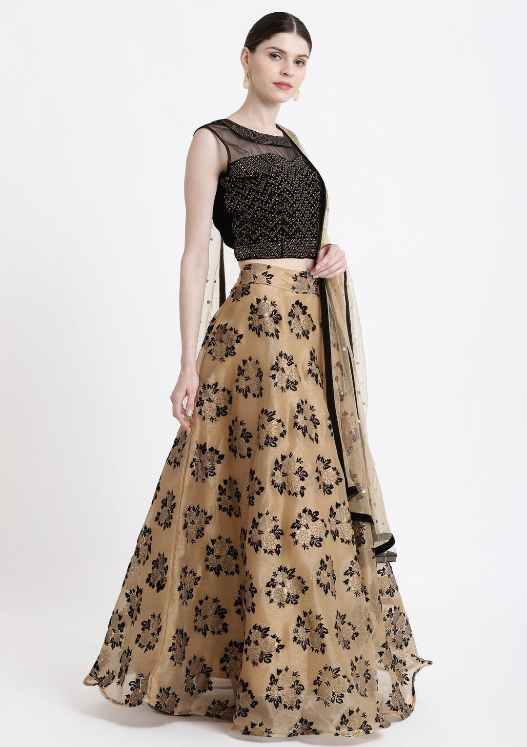 Gold Swarovski Tissue Designer Lehenga-Koskii