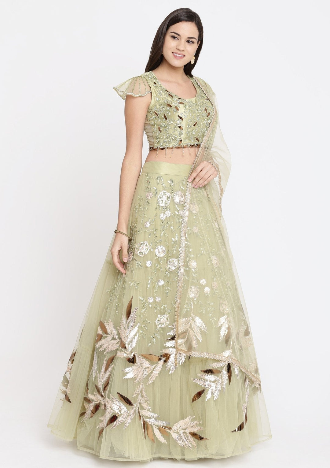 Pista Green Cutdana Net Designer Lehenga-Koskii
