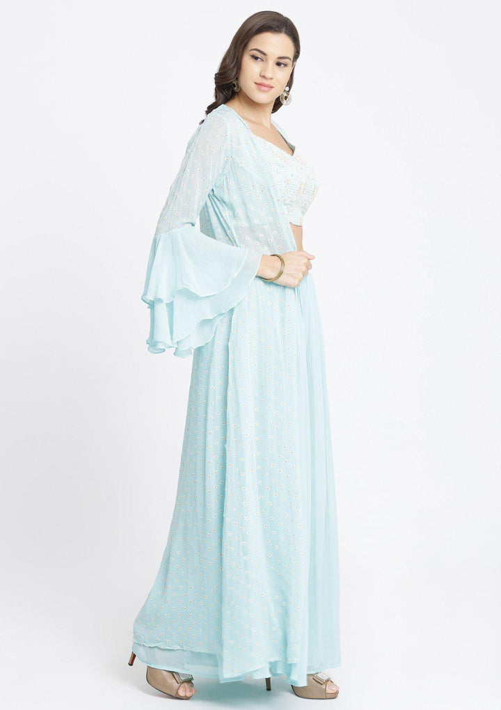 Sky Blue Threadwork Georgette Designer Crop Top Set-Koskii