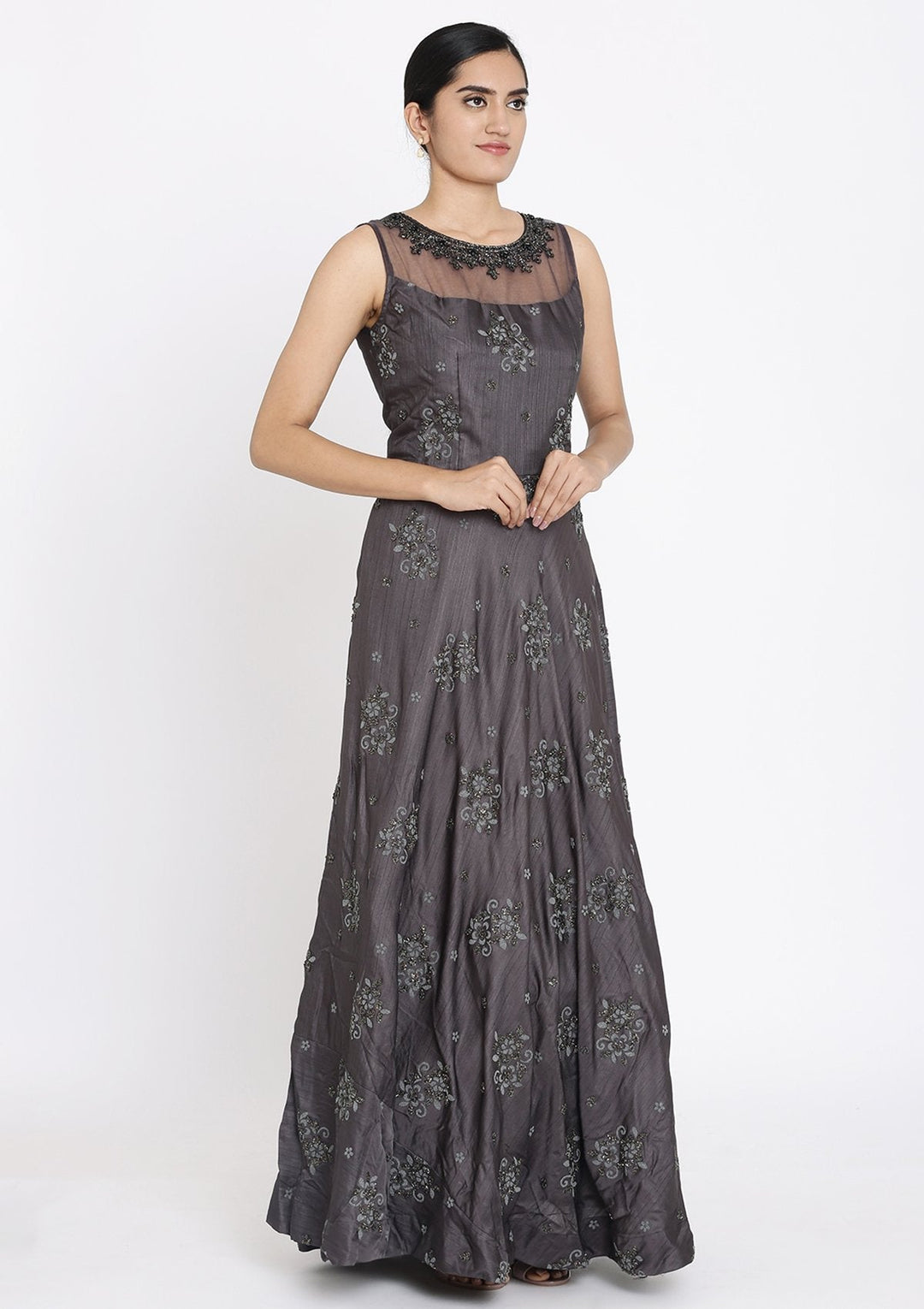 Dark Grey Cutdana Raw Silk Designer Gown - koskii