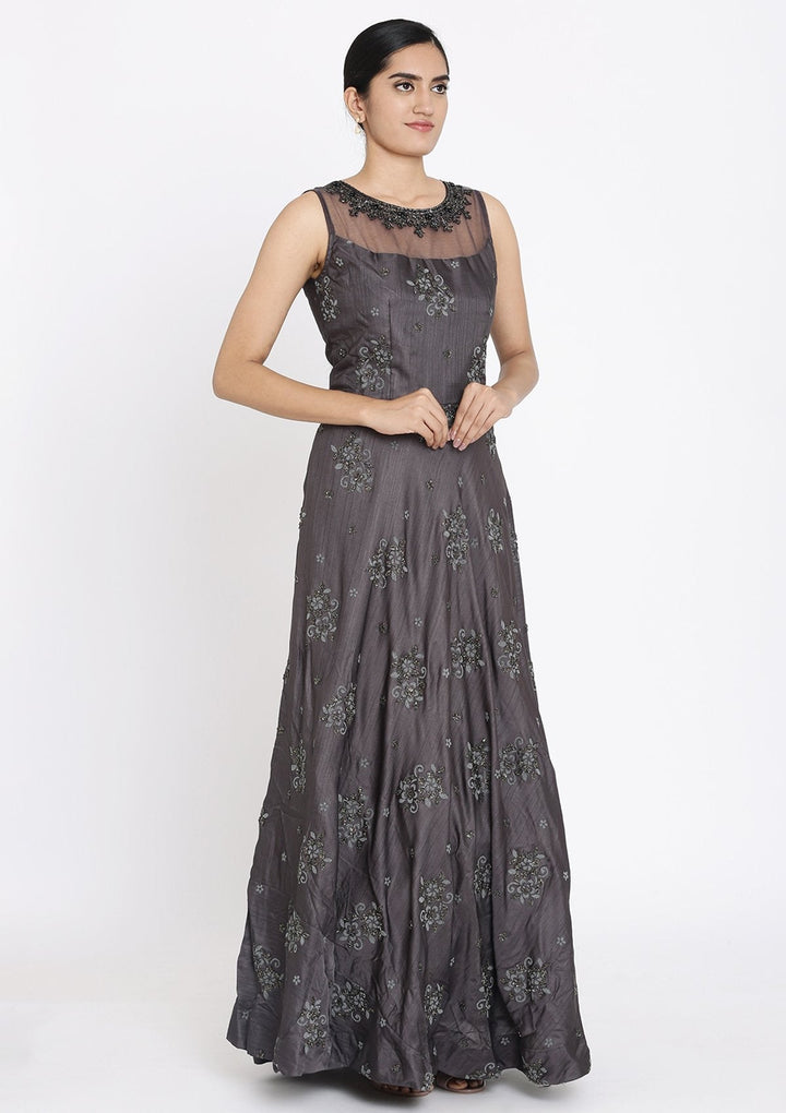 Dark Grey Cutdana Raw Silk Designer Gown - koskii