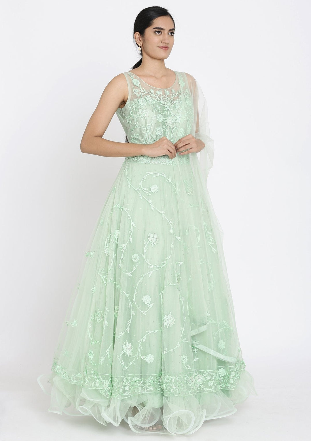 Pista Green Stonework Net Designer Gown - koskii