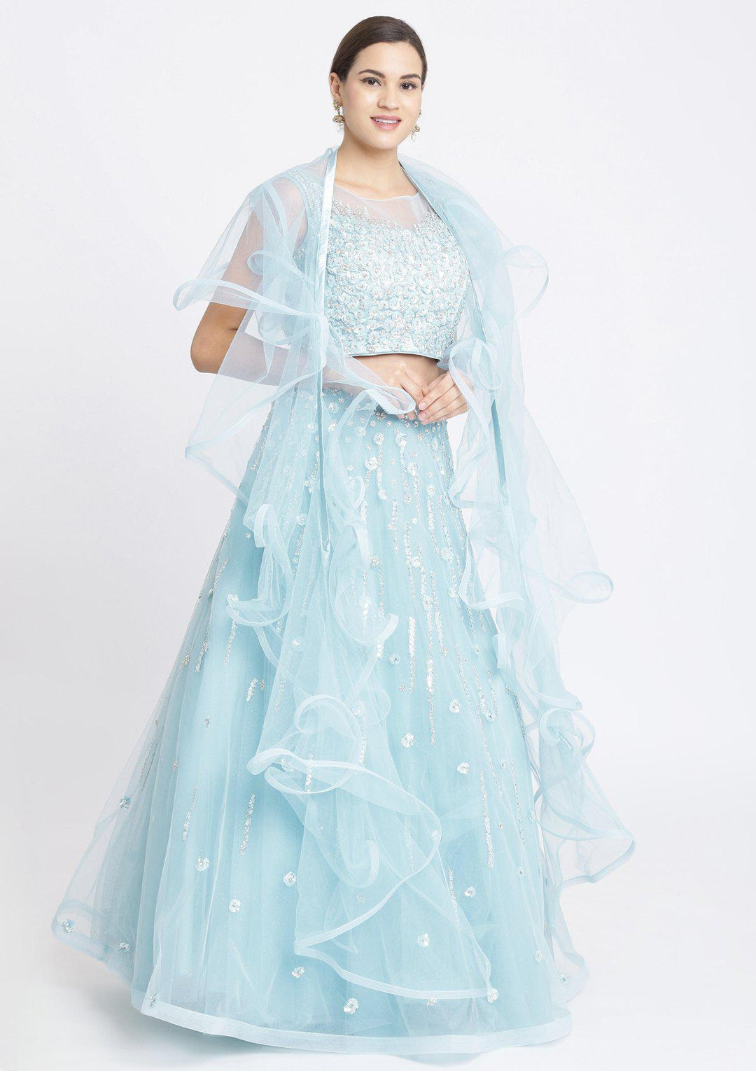 Sky Blue Sequins Net Designer Lehenga-Koskii