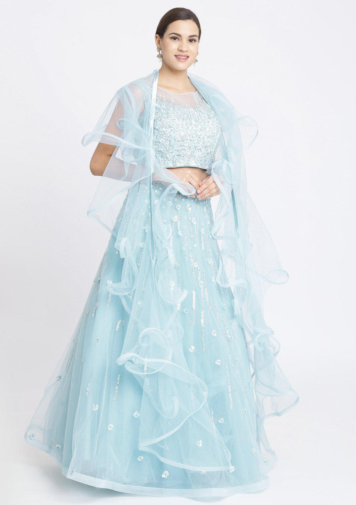 Sky Blue Sequins Net Designer Lehenga-Koskii