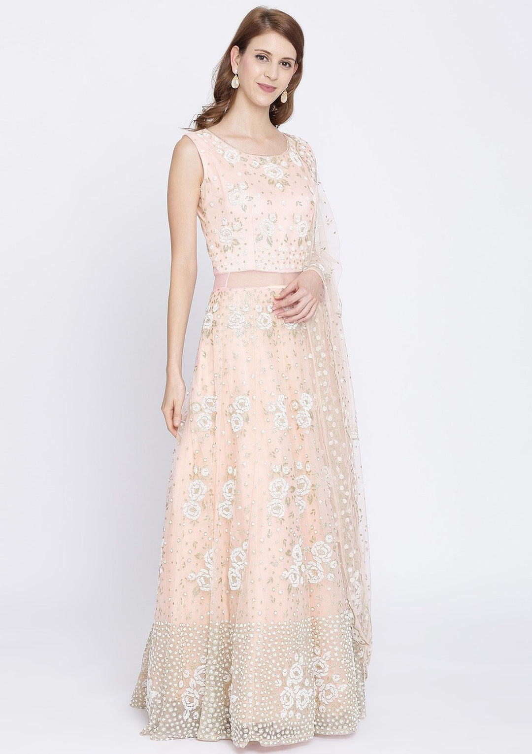 Baby Pink Cutdana Net Designer Gown-Koskii