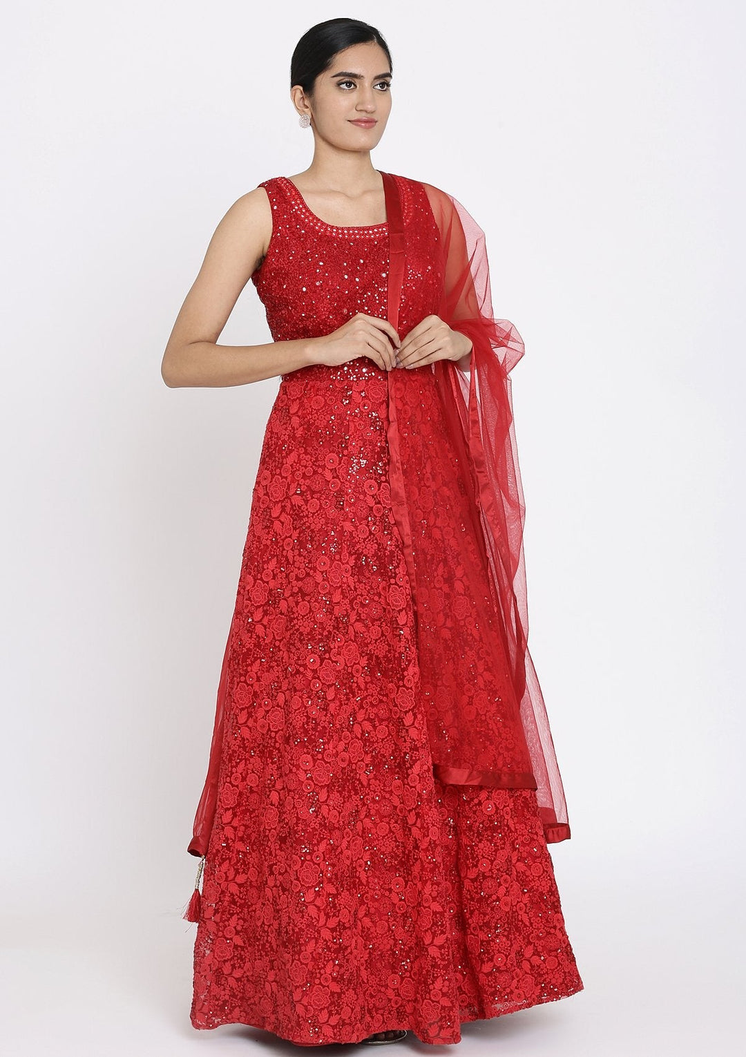 Red Chikankari Net Designer Gown - koskii