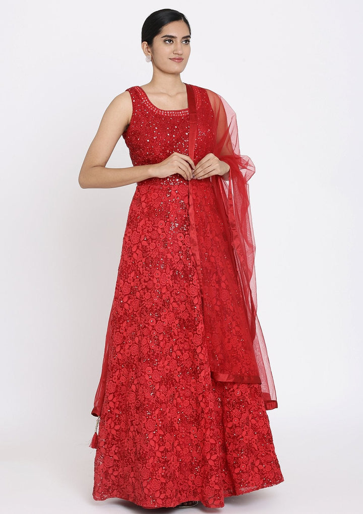 Red Chikankari Net Designer Gown - koskii