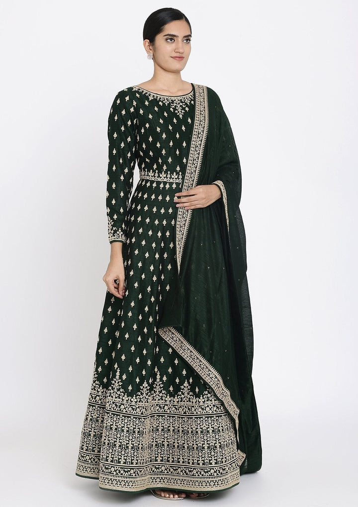 Bottle Green Zariwork Raw Silk Designer Gown - koskii
