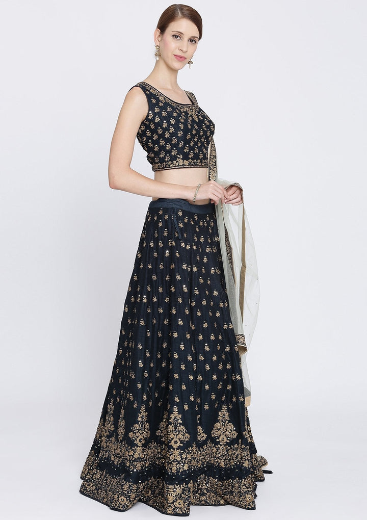 Navy Blue Mirrorwork Net Designer Lehenga-Koskii
