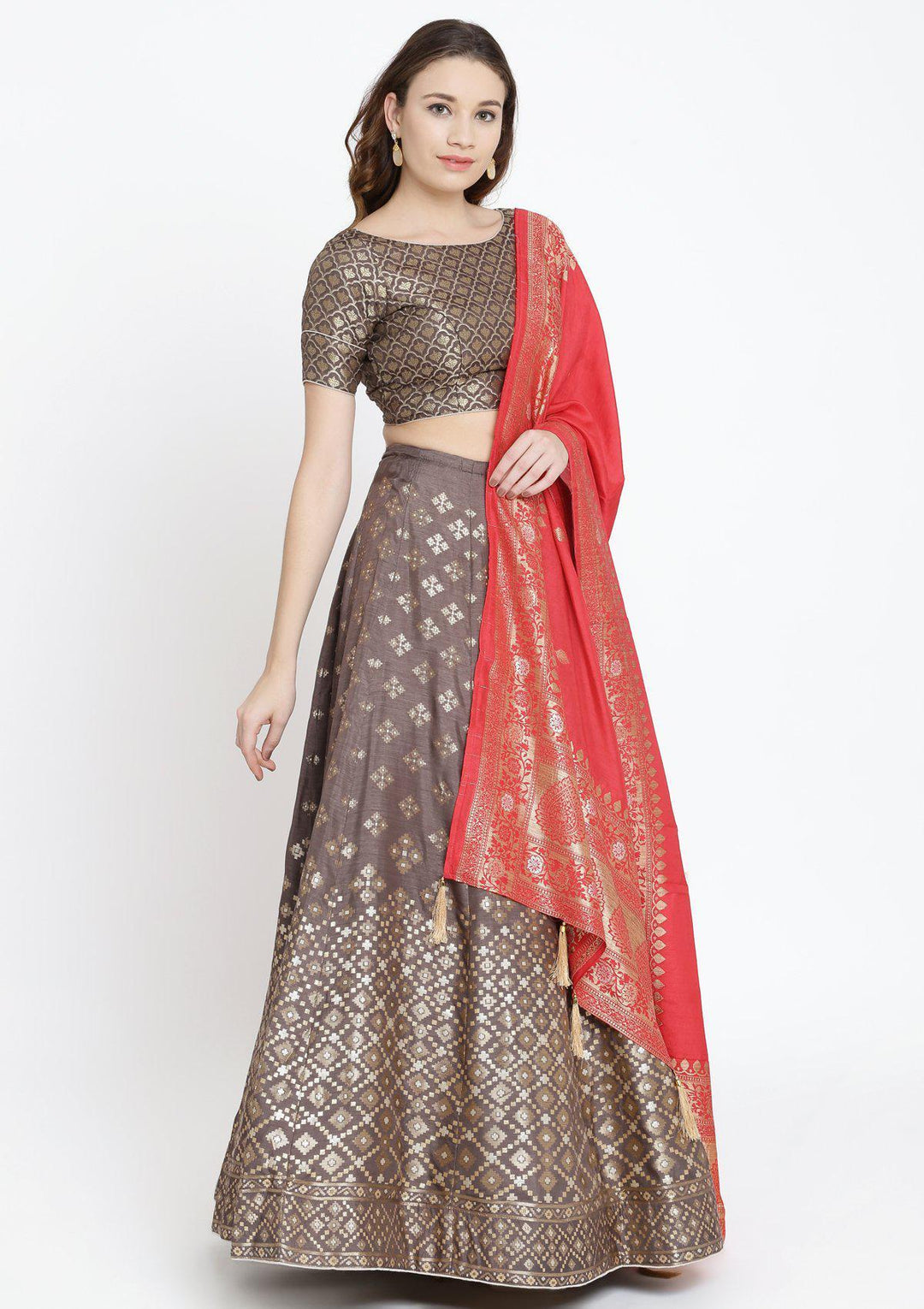 Dark Grey Zariwork Brocade Designer Lehenga-Koskii