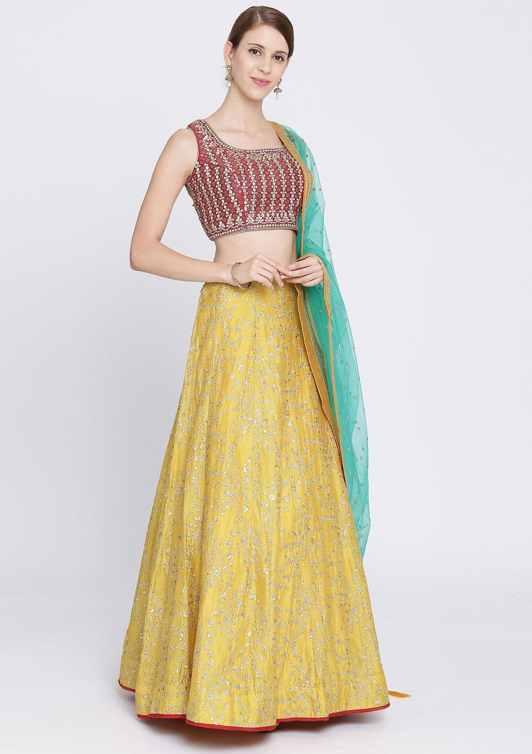 Yellow Sequins Rawsilk Designer Lehenga-Koskii