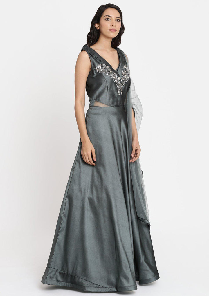 Mehendi Cutdana Taffeta Silk Designer Gown-Koskii
